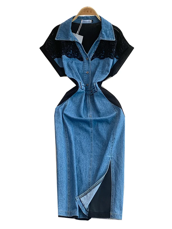 Retro Hong Kong Sle Sexy Lace V-ne ort Sve Dr Women's Summer Denim Patchwork Waist-cinching Slimming Split Long D...