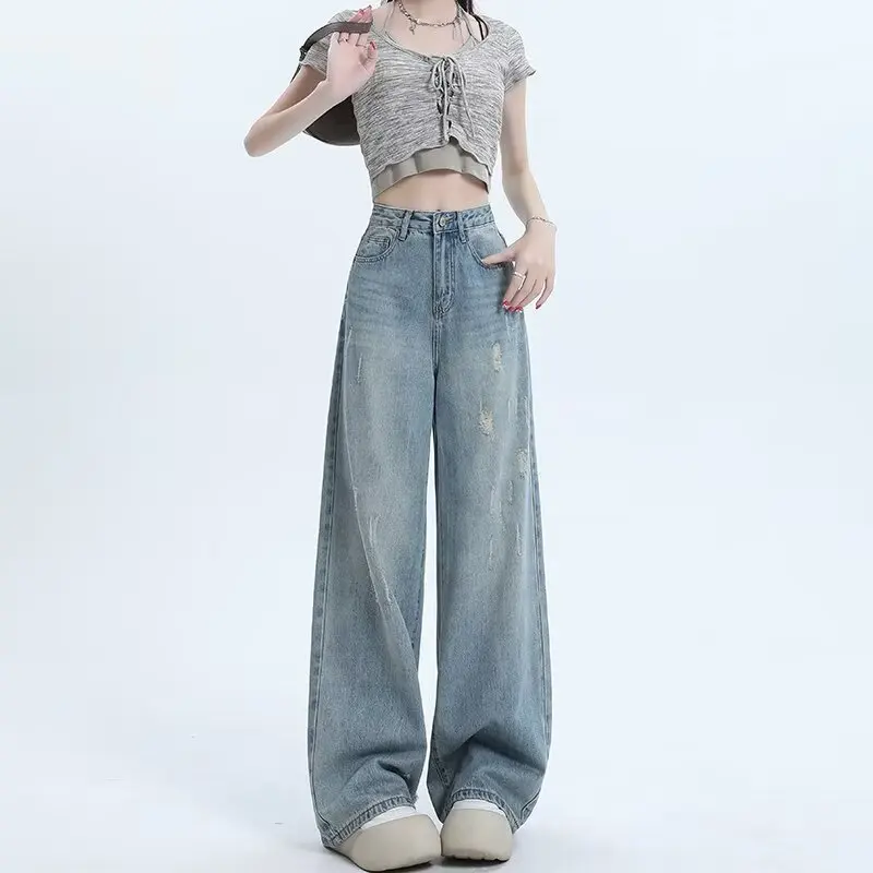 

Light Blue Washed Wide-Leg Jeans For Women, Spring And Autumn 2026 New Style, Distressed Design, Petite Straight-Leg
