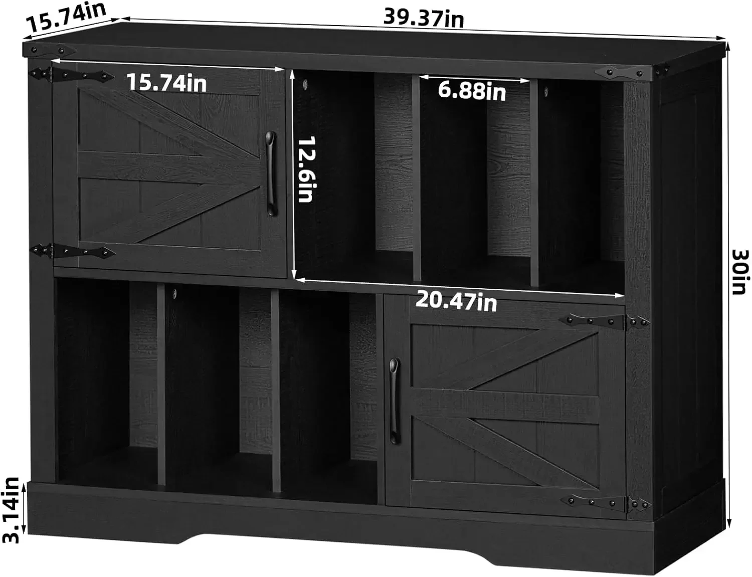 Large Record Player Stand with Vinyl Storage Up to 450 Albums, 39 Inch Farmhouse Wood Black Vinyl Records Storage Cabinet with B