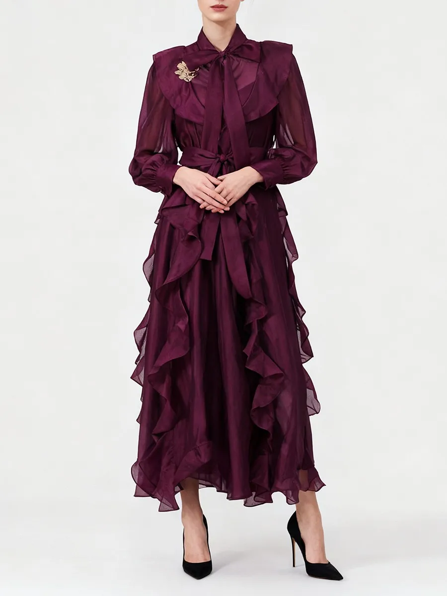 Twotwinstyle sólido emendado babados dobras vestidos de moda para mulheres o pescoço mangas compridas cintura alta retalhos rendas até vestido feminino