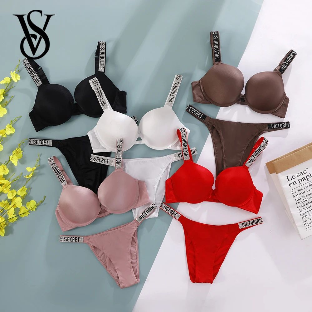 Image of Victoria Secret Shine Script Thong Panty Sehr Sexy Logo Shine Strap Push-Up-BH-Set Sexy Damen-Lingerie Hot