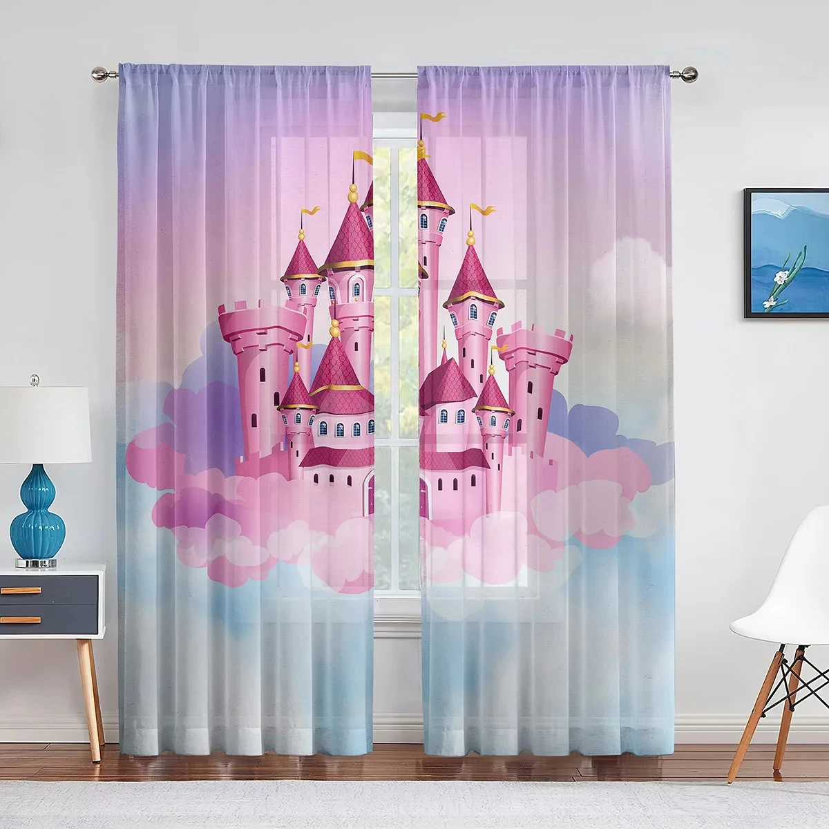 

Pink Fairytale Castle In The Clouds Sheer Curtains for Living Room Curtain Kids Girls' Bedroom Curtains Window Drapes Decor 2pcs