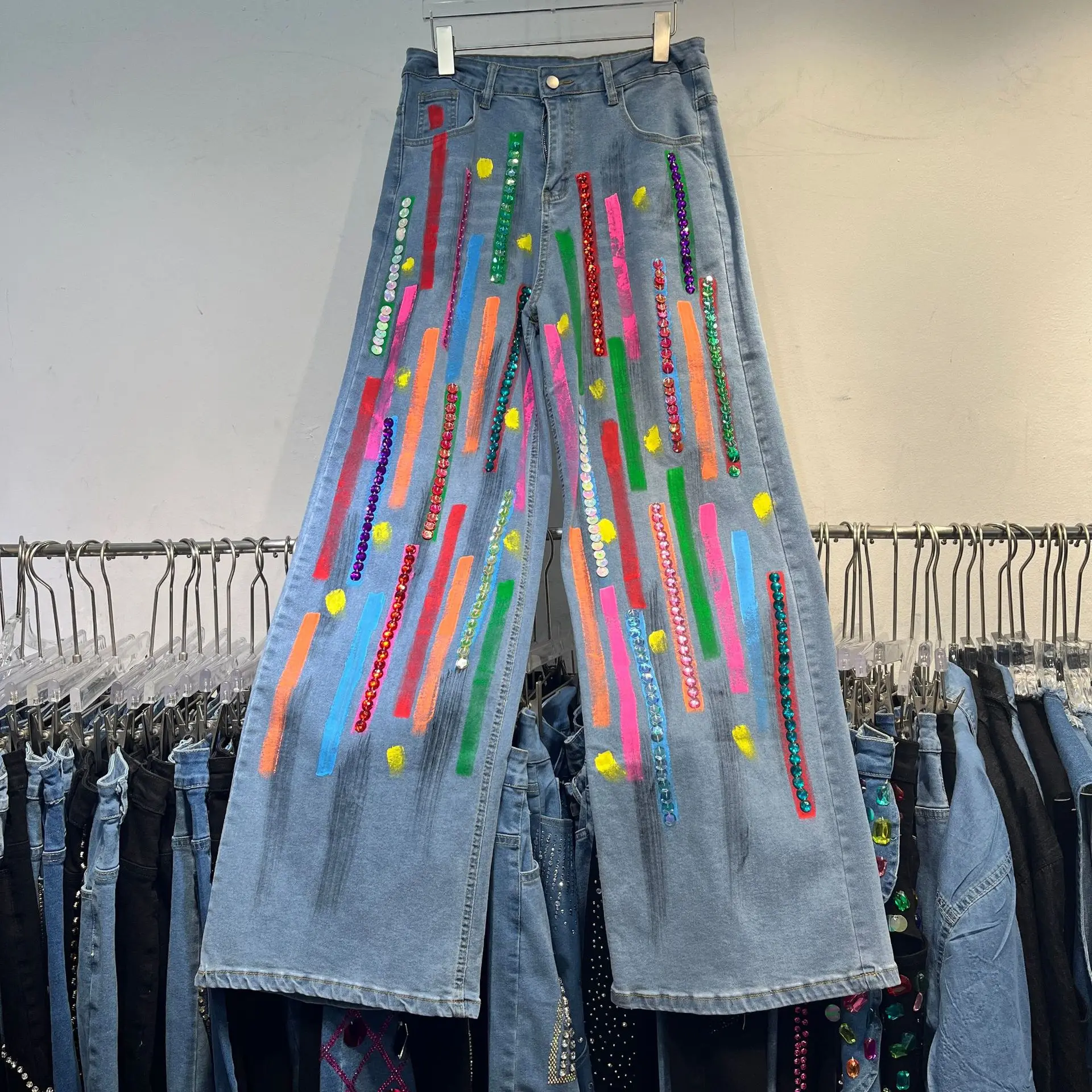 Women Painted Colored Graffiti Sequined Denim Pants Rainbow Diamonds Beaded Wide Legs Rhinestones Jeans Crystal Cowboy Trousers