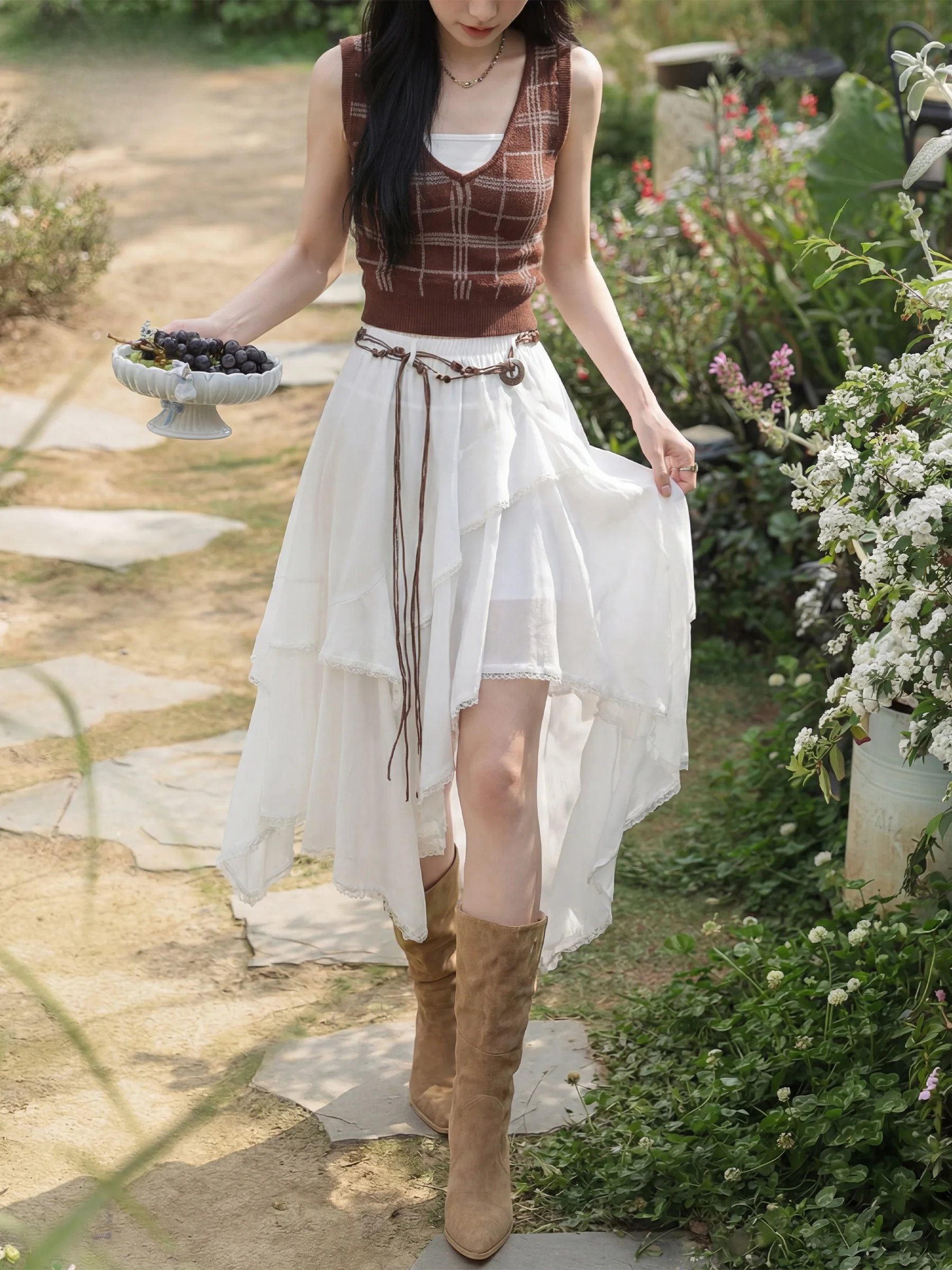 

Романтичная асимметричная юбка миди с высокой талией, женская белая юбка А-силуэта, повседневный стиль, стандартный крой, полиэстер