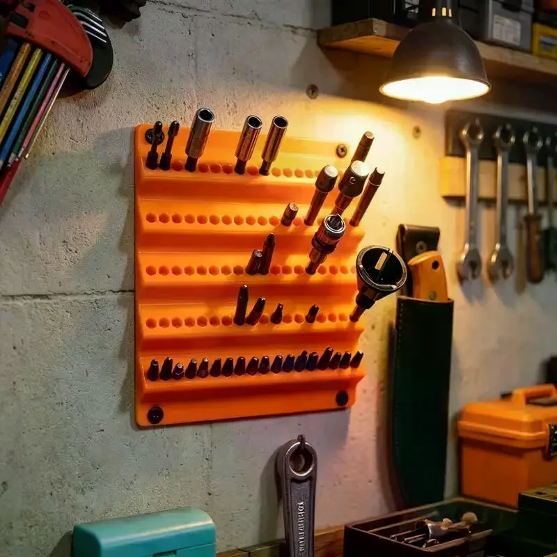 1Pcs Orange Wall Mounted Drill Bit Holder Multi Size Slots Durable For Home Garage Tool Storage