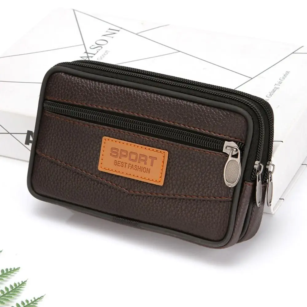 Durable PU Leather Man Belt Pouch 6.5inch Multiple Layers Phone Case Zipper Universal Phone Waist Bag Men's