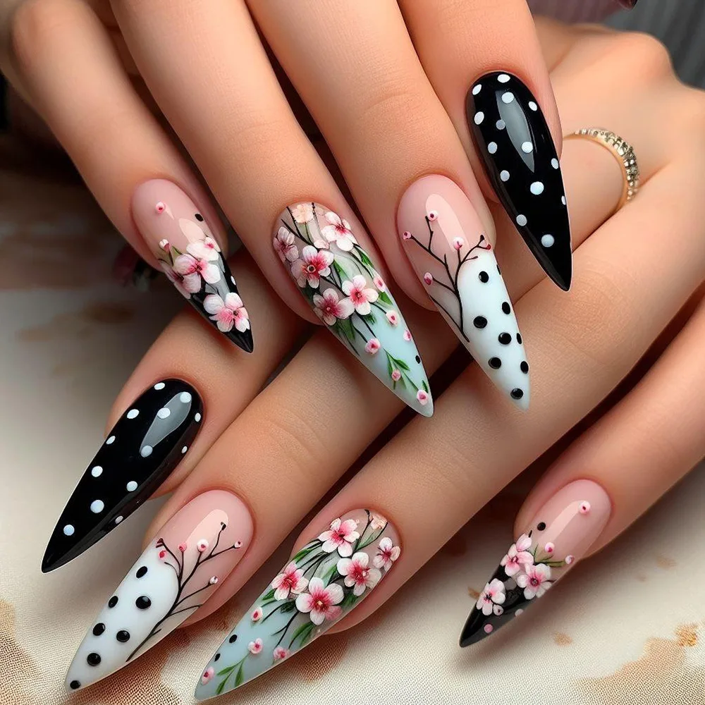 24pcs Flower Full Cover Nail Sets Black White Long Stiletto Fake Nails Polka Dot Design False Nail Tips Almond Press on Nails