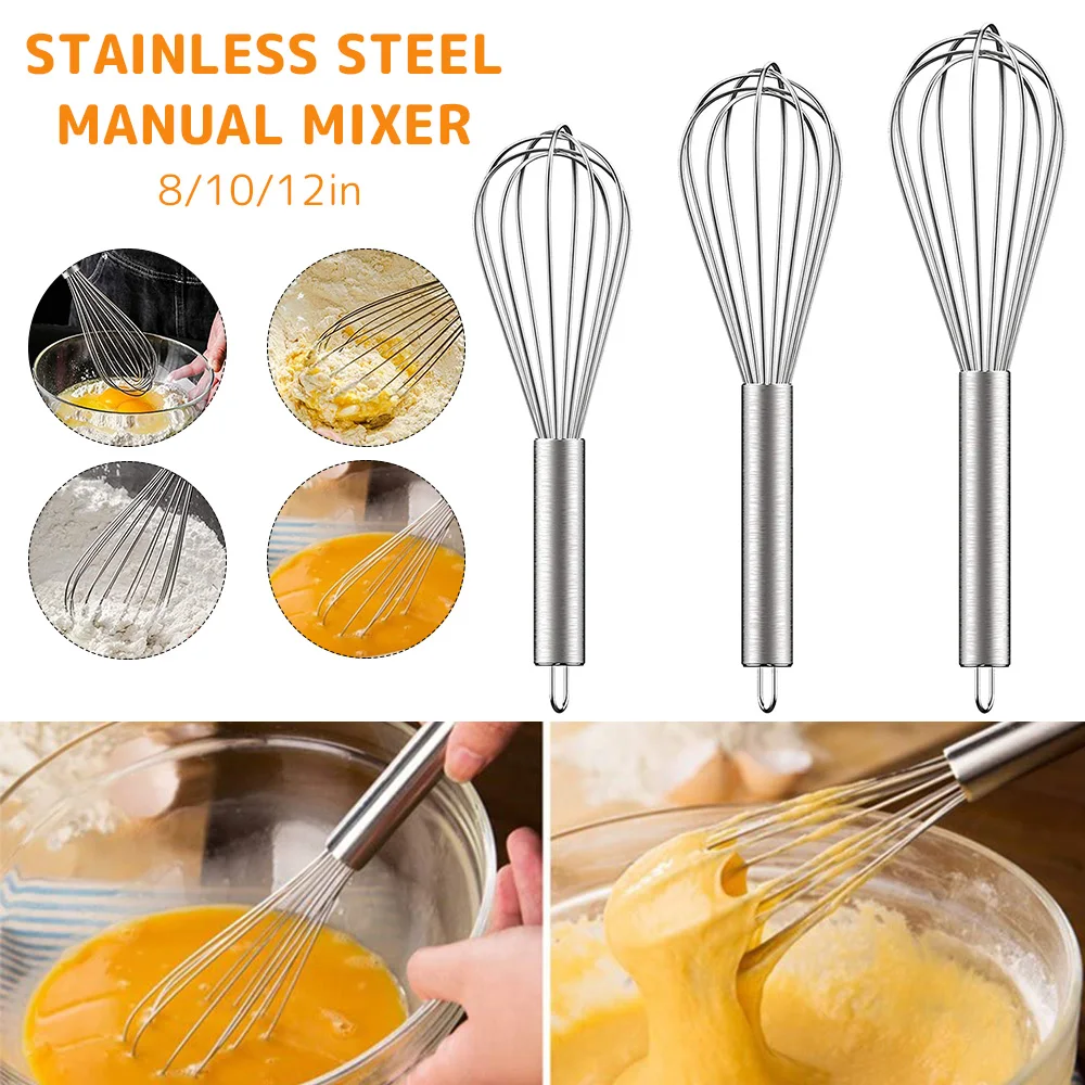 3 Pack Stainless Steel Whisk Set 6 Wire Whisks 8/10/12 Inch Kitchen Balloon Whisks with Stainless Grip Manual Egg Beater Blender