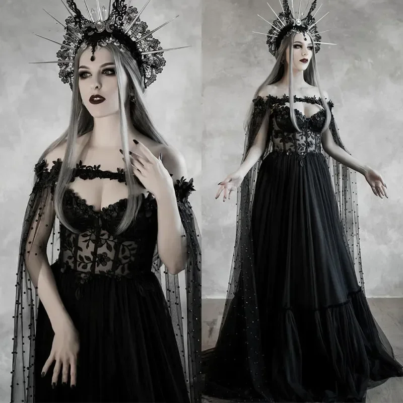 Vintage Medieval Black Prom Dress With Long Wrap 2024 Lace Appliques Pearls Beaded A-line Gothic Evening Gown For Women