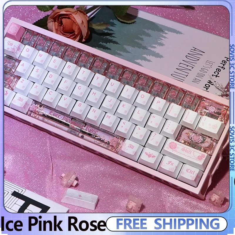 Ice Pink Rose Theme Keycaps 144-key PBT pearlescent + 78-key PC Translucent  Keycap for Mechanical Keyboard Gaming Accessories