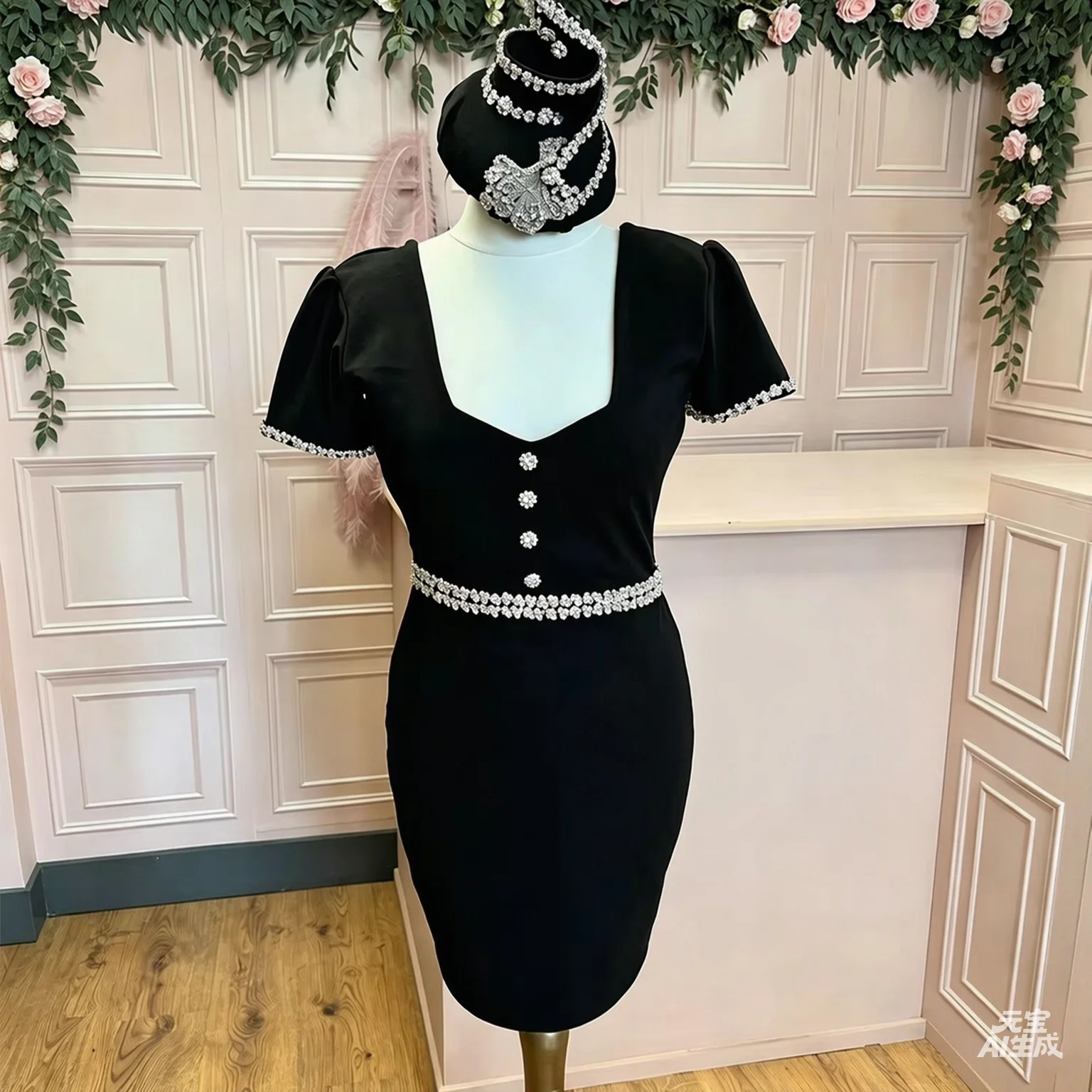 Customized Women's Wedding Guest Dresses Mini Crystal Luxury Cocktail Gowns Short Sleeves Black V Neck Sheath Formal Party Dress