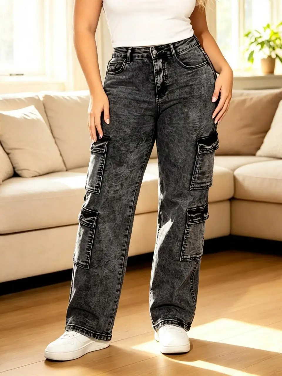 【HME】Jeans | Street Hip‑Hop Casual Denim Pants For Women, Black Grey Snow‑Wash Straight Cargo Denim Jeans, Functional Multi‑Pocket & Detachable Chain Design, Fashion Loose Pants For Going‑Out And Daily Styling
