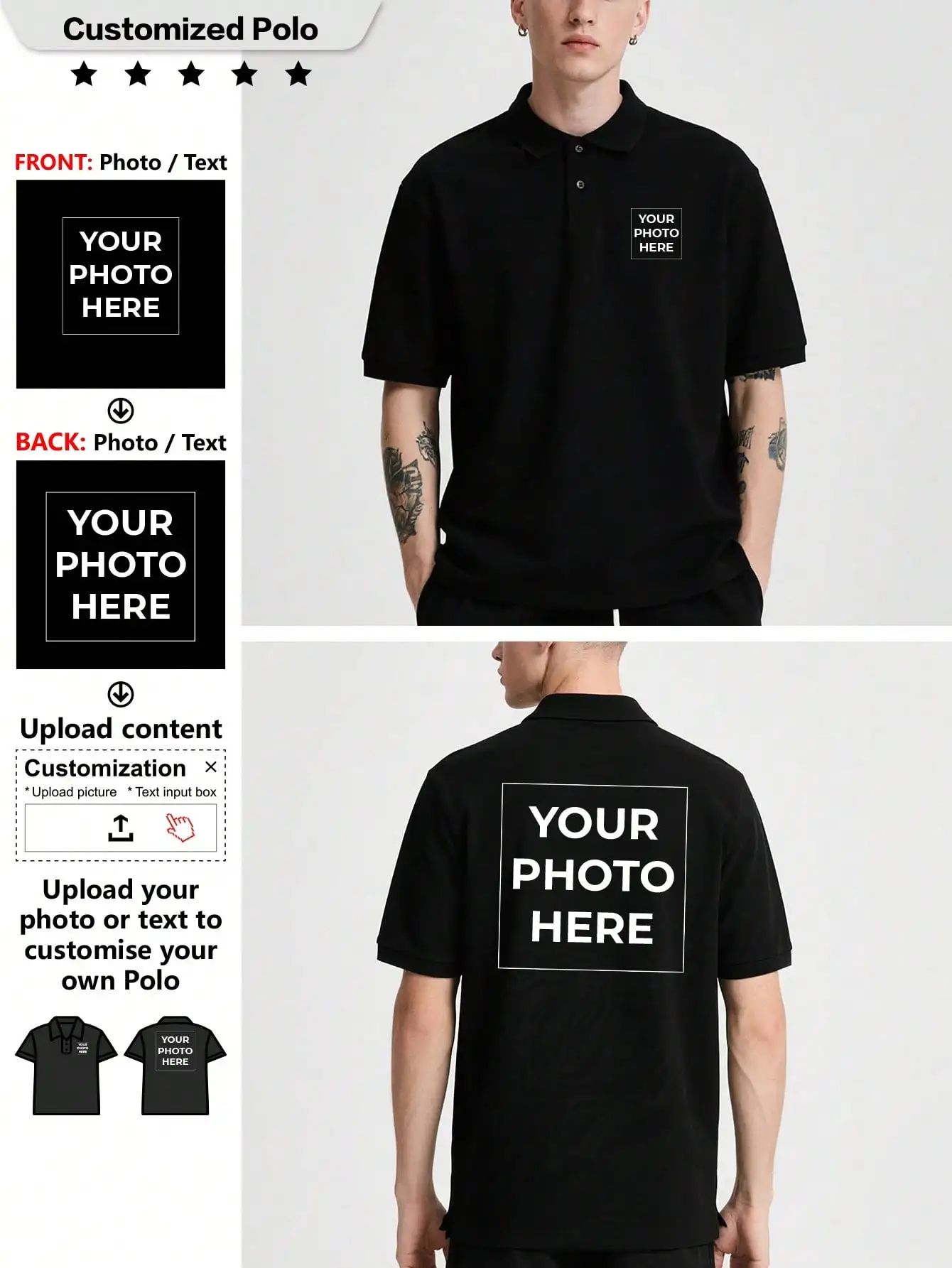 

Customizable Men's Polo Shirt with Front and Back Photo/Text Printing