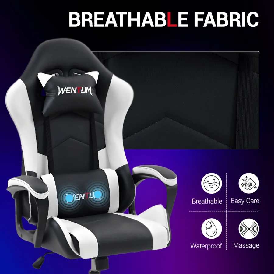 Ergonomic Gaming Chair Racing Style Office Chair, Computer Desk Chair, Swivel Reclining PU Leather PC Gamer Chair, White view 5