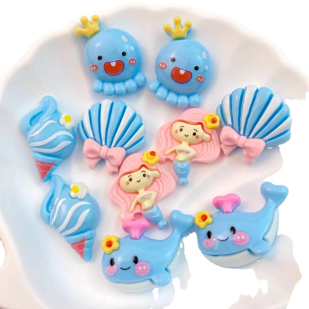 10Pcs New Cute Cartoon Whales, Shells, Mermaids, Octopuses Series Flat Back Resin Cabochons DIY Jewelry Craft Decoration