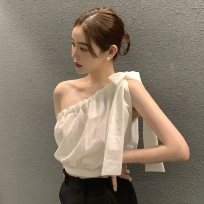 Bandage Folded Diagonal Collar  Off Shoulder Waist Tanks Camis Blouse Women Blusas Femininas Elegantes Loose White Doll Shirts