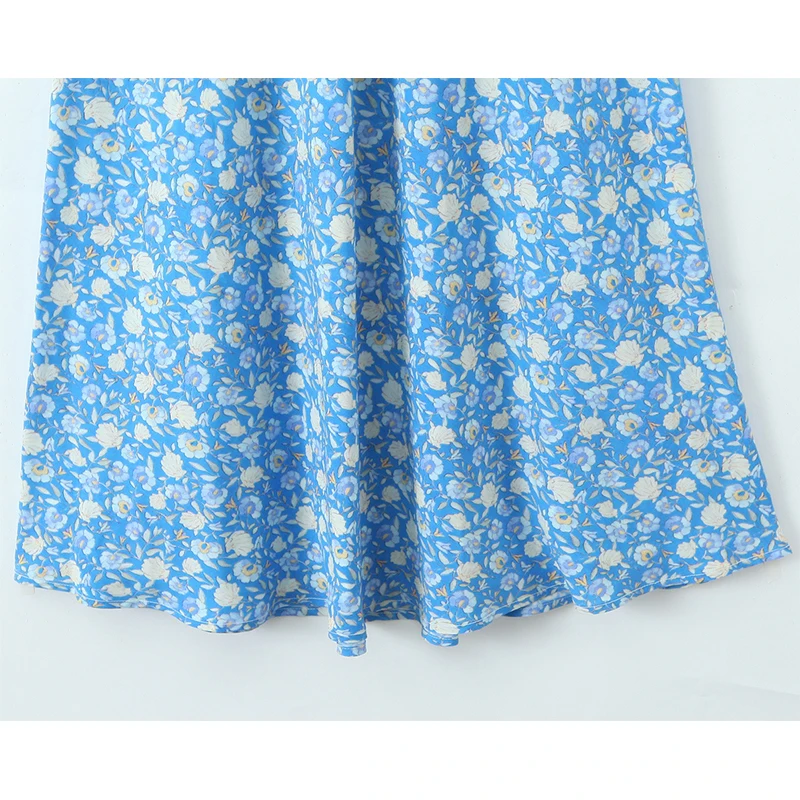 프렌치 레트로 레이스 트림 블루 플로럴 프린트 드레스 여성 V넥 반팔 A라인 여름 롱 드레스 휴가 맥시 로브 2026