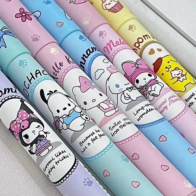 6 ชิ้น/กล่อง Sanrio Hello Kitty Highlighter ชุดปากกา Kawaii Kuromi Melody Cinnamoroll Art เรืองแสงเครื่องหมายปากกาโรงเรียนเครื่องเขียน