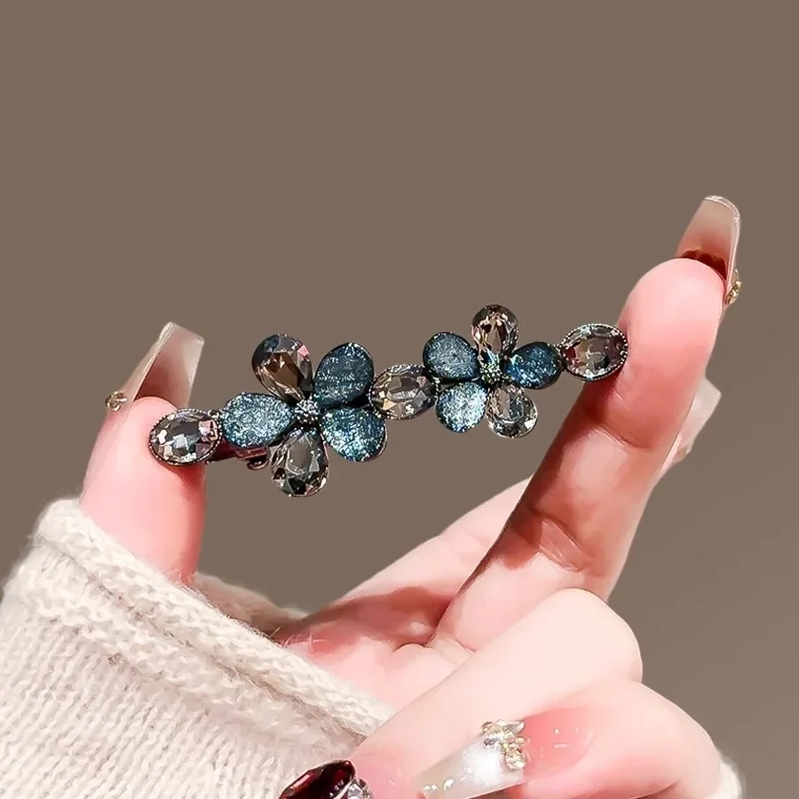 Elegante schwarze Kristall-Blumen-Haarnadel für Frauen, exquisiter Seitenclip, Entenschnabel-Clip, Legierung, Haarspange, koreanischer Stil, Haar-Accessoires