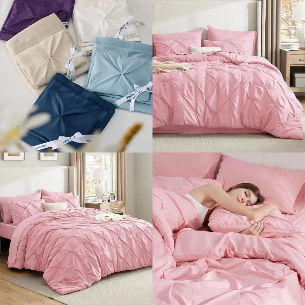 

Baby Pink Queen Size Bedding Set with 7 Pieces, Pintuck Comforter, Sheets, Pillowcases & Shams, All Season Softness, Perfect Gif