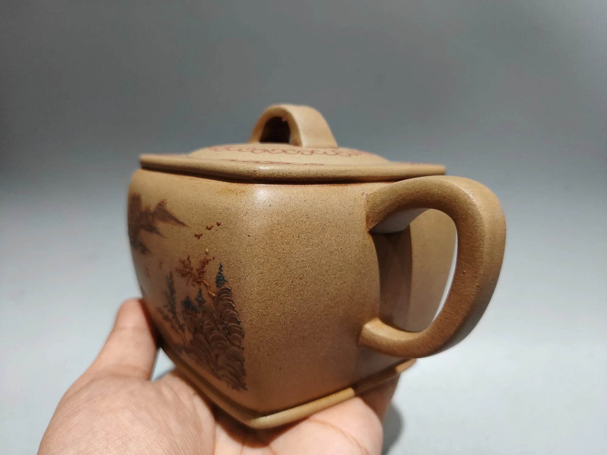 Purple Clay Teapot Raw ore Huangduan sand Mud painting pattern Four sided teapot kettle Teapot Flagon  Tea Ceremony Sample Tea
