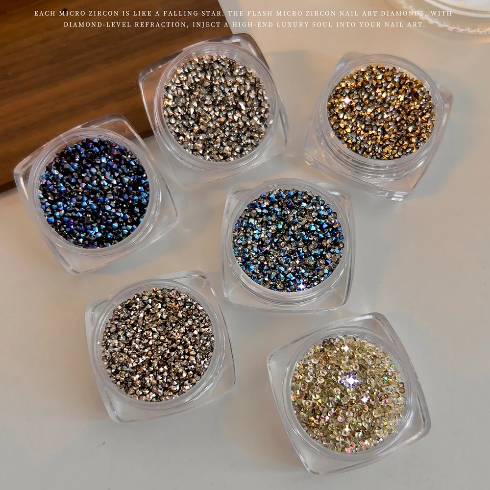 1Box Blue Gold Micro Pixie Crystal Nail Art Rhinestones Pointed Back 3D Mini Caviar Gemstones Nail Jewelry DIY Shiny Diamond Dec