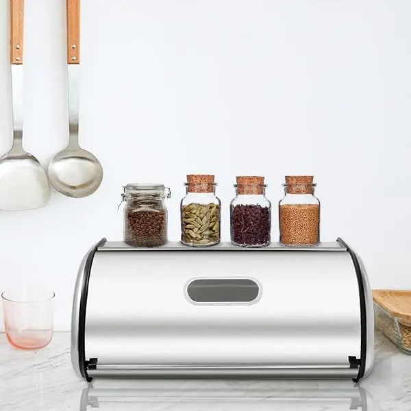 Stainless Steel Bread Storage Box with Roll-Up Lid, Large Capacity 17x11x7.5 Inches for Kitchen Countertop