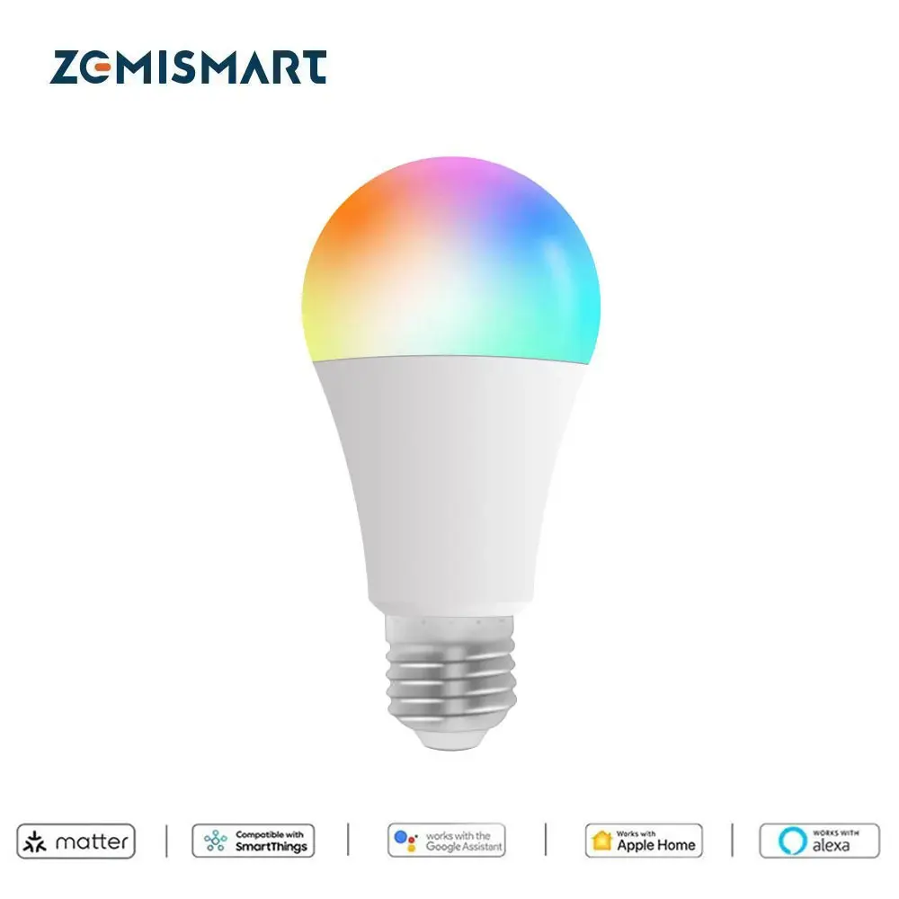 

Zemismart Matter WiFi 9W LED Light Bulb E27 RGB+CW Dimmable Lamp Homekit Alexa Google Home Smartthings App Control 120V 220V