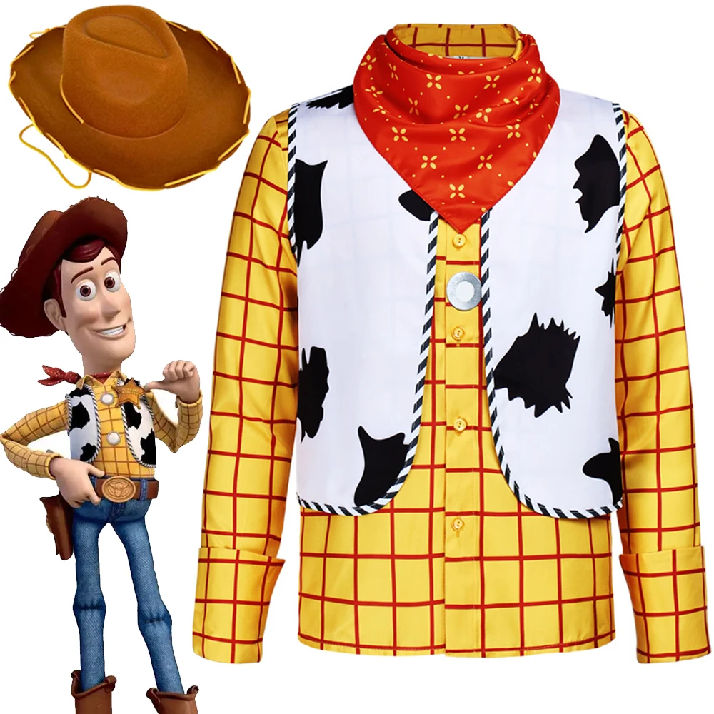 

Вуди Косплей Костюм Аниме Игрушка Шериф Желтый Вуди Гордость Рубашка Жилет Шарф Полный Комплект Ковбойская Шляпа Мужчины Хэллоуин Cos Наряды