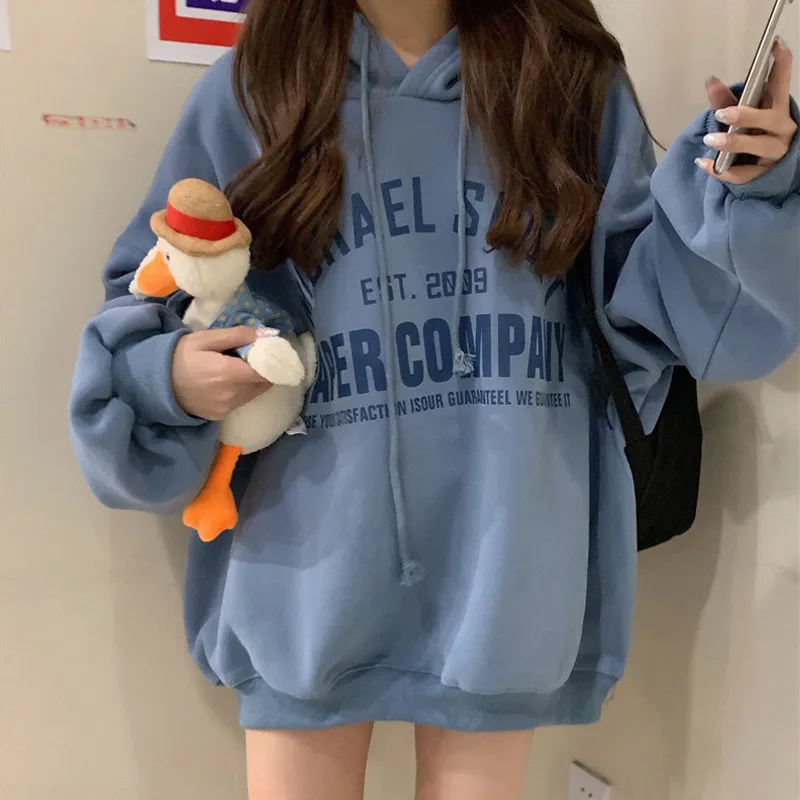 Felpa con cappuccio Kawaii Streetwear felpe con cappuccio Boyfriend donna lettera stampa Plus felpa con cappuccio in velluto Pullover allentato