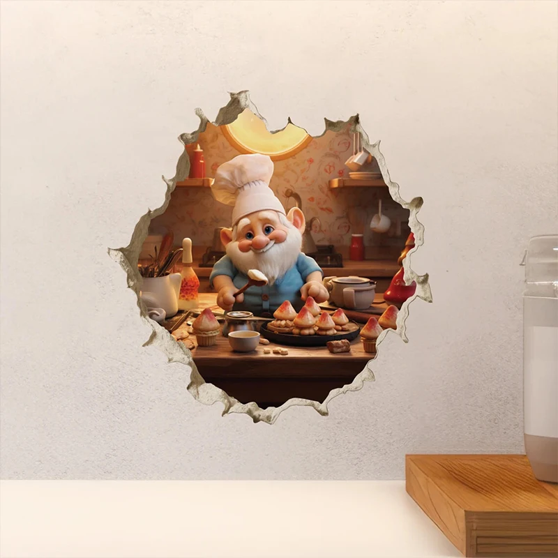 

Gnome Baking Mushroom Cupcakes in Wall Hole Decal, Apply for Wall, Door, Cabinet, Window, Car Decoration, Vinyl Gnome Decals