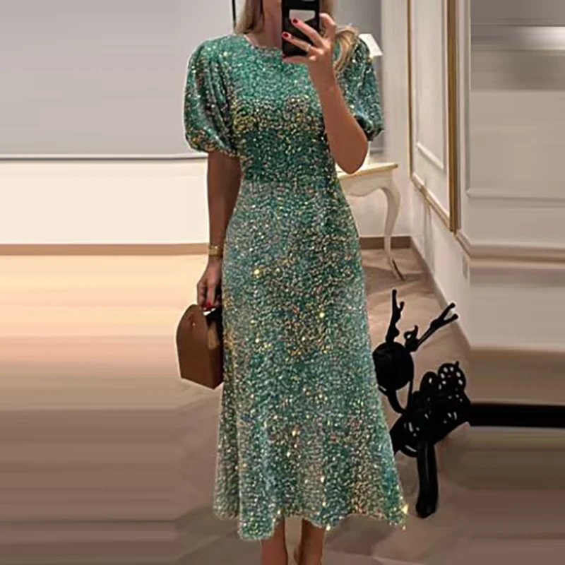 2024 New Lady Temperament Slim Banquet Dress Fashion Shiny Sequin Long Dress Casual O-neck Short Sleeved High Waist Dress Mujer