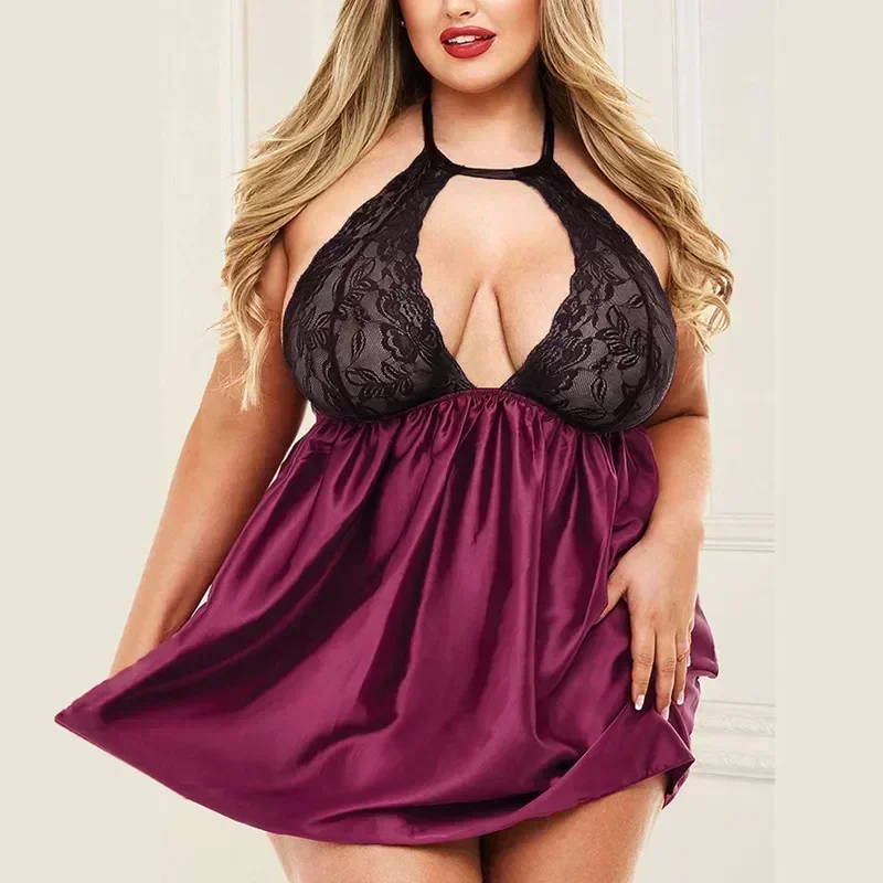 Roupa interior sexy plus size sexy renda halter robe ver através de pijamas ocos lingerie de noite feminina para mulher noite wear