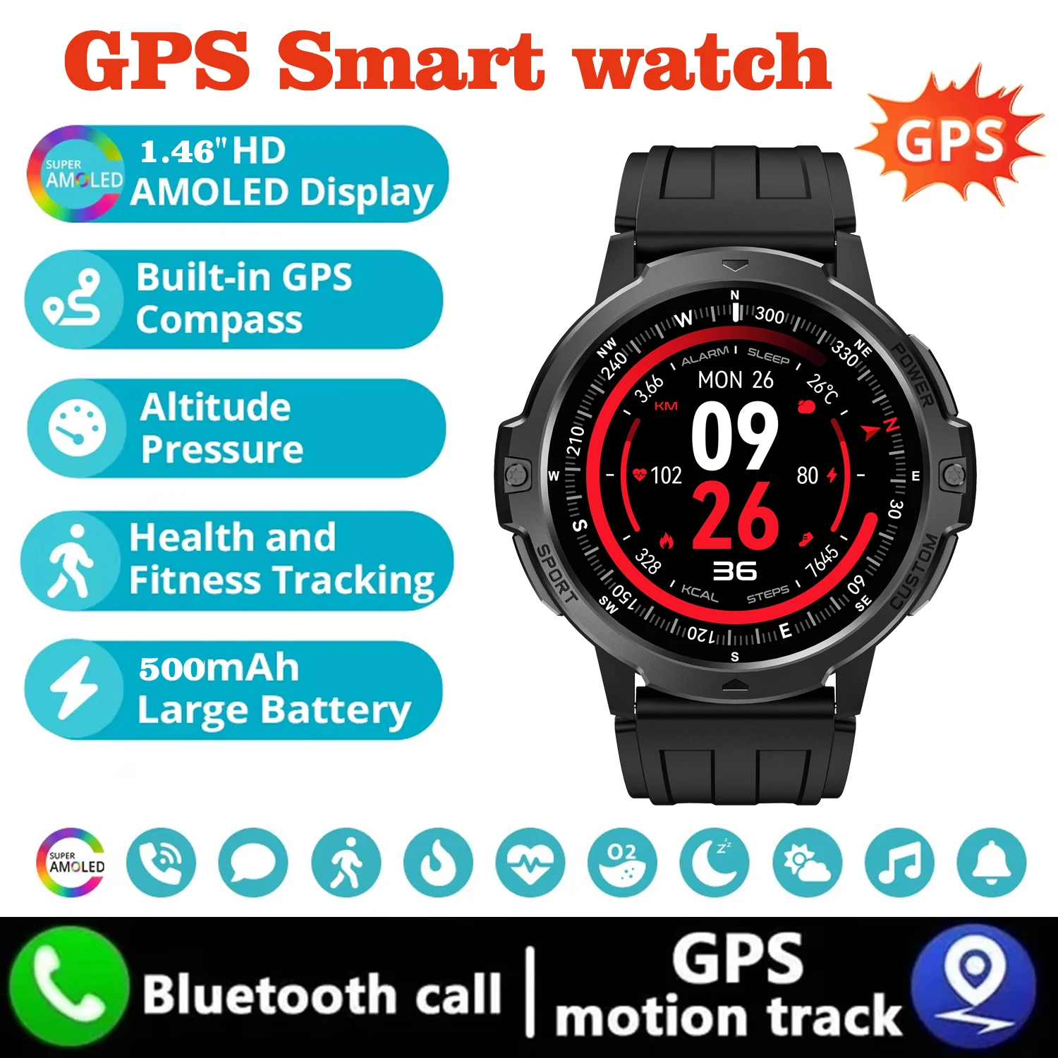 

2025 Новые GPS Спортивные Смарт-часы на открытом воздухе 500 мАч Батарея Барометрический Высотомер 3ATM Водонепроницаемые 100 спортивных режимов Смарт-часы для мужчин