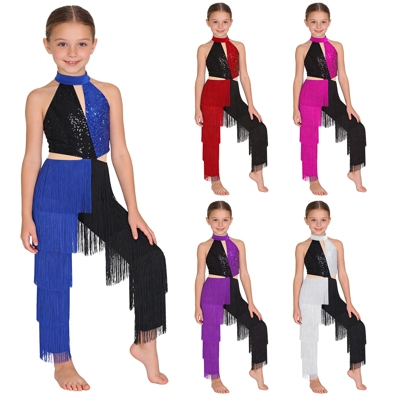 Kid Girls Disco 70s Jazz Jumpsuit Sequin Fringe Long Pants Latin Contrast Color Tassel Bodysuit for Latin Prom Dance Performance