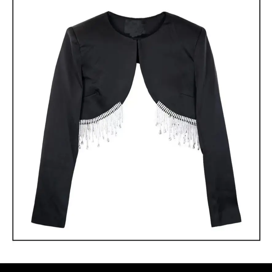 Summer Short Diamond Embellished Fringed Shoulder Top Women's Commute Style Regular Sleeve Long round Neck Button Pure Color