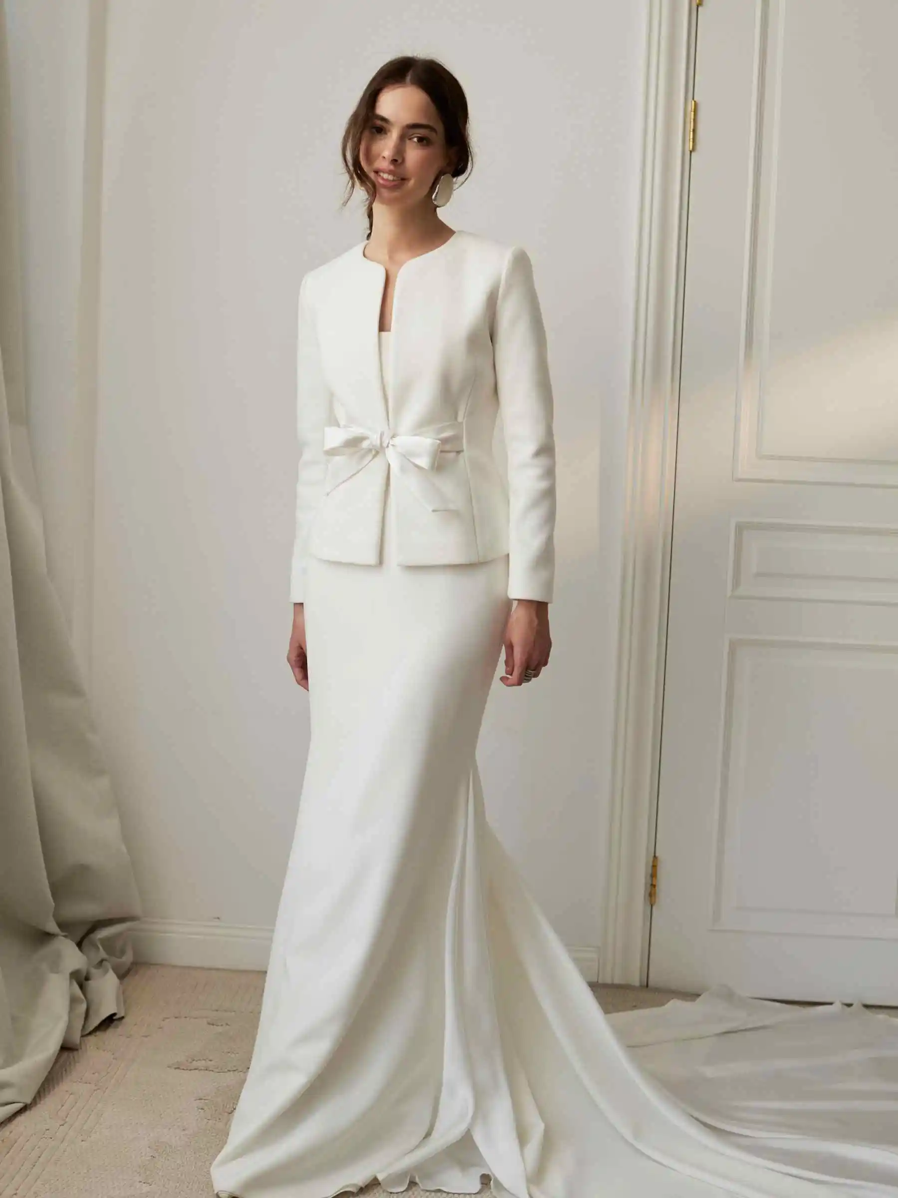 Modest 2 Piece Women Wedding Suit Bow Waist Blazer Mermaid Sweep Train Bride Church Formal Outfit Vestido De Novia Customized