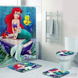 Cartoon Disney Little Mermaid Bath Shower Curtain Set 4pcs with Hooks Waterproof Bathroom Toilet Mat Lid Decor