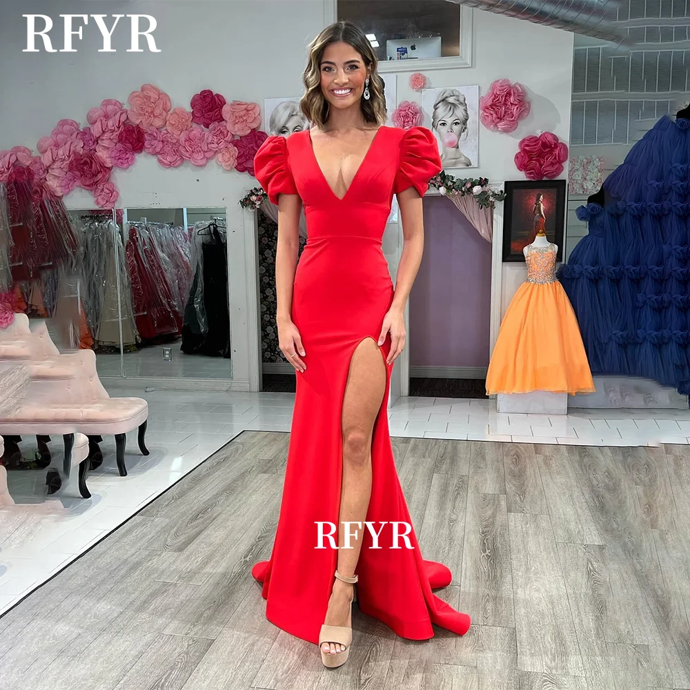 

RFYR Crepe Red Puffed Sleeve Prom Dresses Mermaid with Side Slit Evening Party Dress for Women vestidos Customized