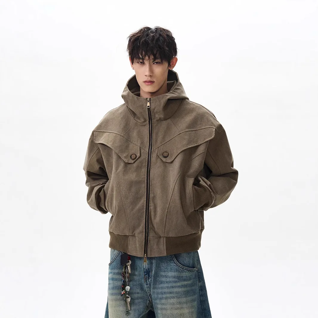 Vintage Barn Style Men's Jacket, Washed Boxy Crop Men Hooded Coat, American Retro Workwear Short Jacket