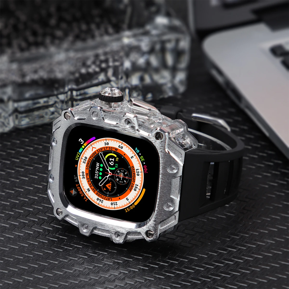 Luxury Case Modification Kit for Apple Watch Band Ultra 2 49mm Metal Stainless Steel Case Rubber Strap Iwatch Series Ultra 49mm