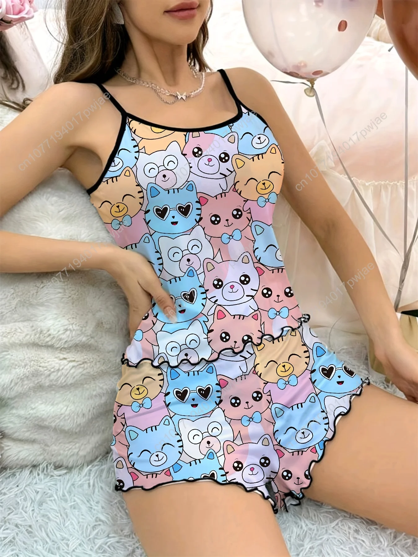 Ensemble pyjama mignon imprimé chat pour femmes, garniture à volants, col rond, dos nu, haut caraco, short, confortable, coupe décontractée, été, Nig