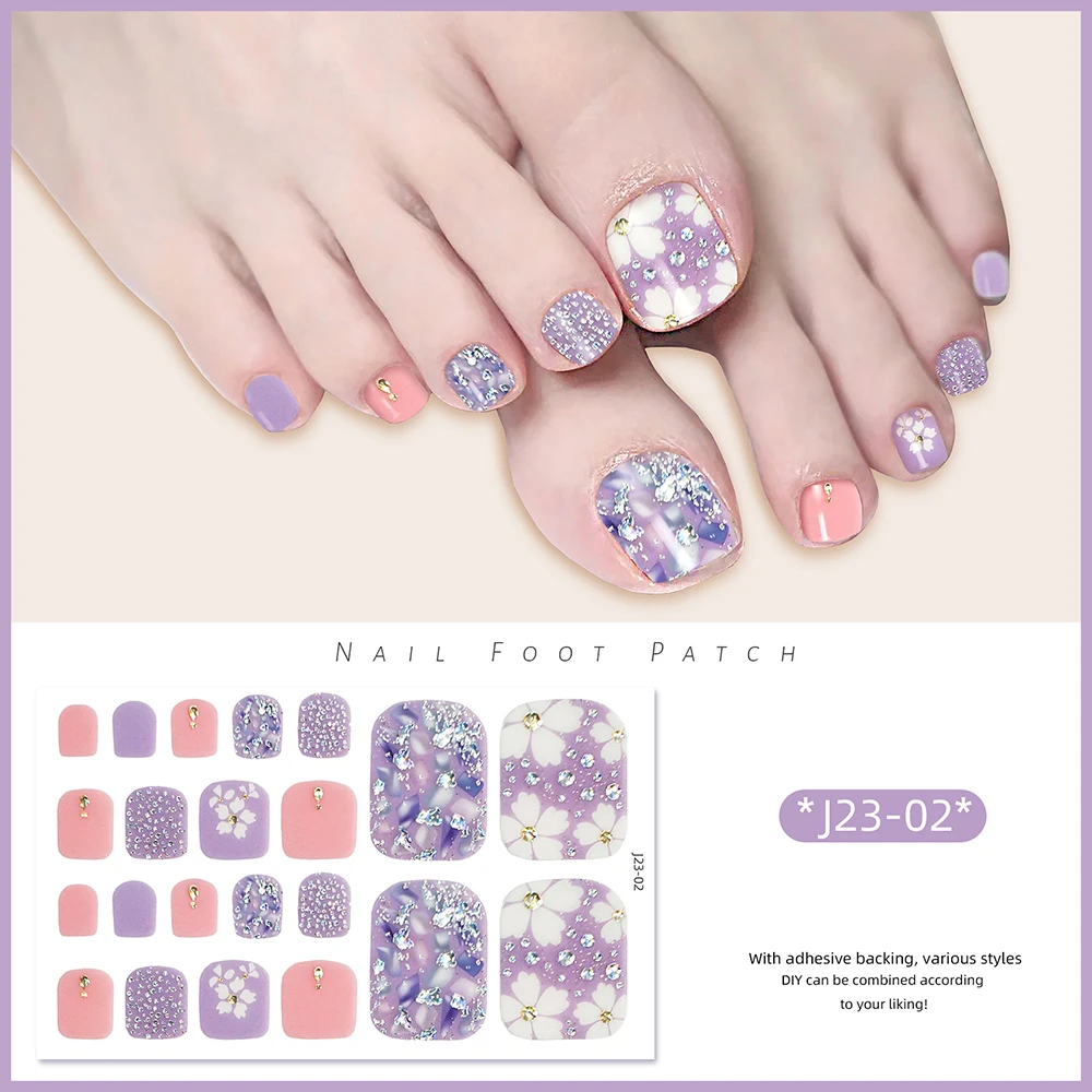 22tips/Sheet Toe Nail Stickers Glittering Toenails Manicure Art Decals Full Cover Removable Adhesive DIY Nail Patch Decoration