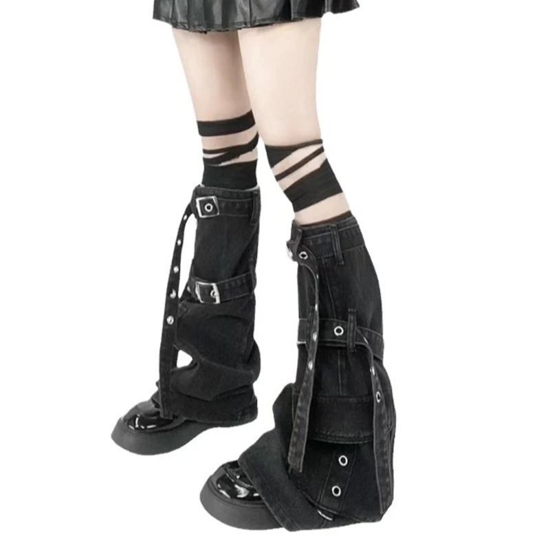 

Womens Harajuku Punk Denims Flared Leg Warmer Metal Buckled Straps Pocketed Cargo Boot Cover Long Stockings Streetwear