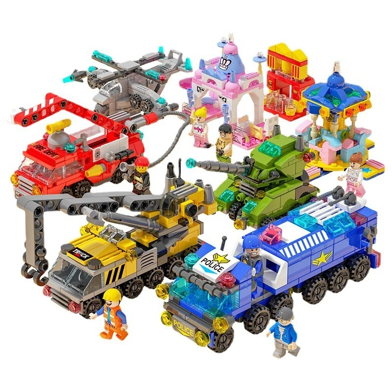 Mini City Vehicle Building Blocks Set DIY Police Car Fire Truck Helicopter Crane Truck Armored Vehicle Model Bricks Toys for Kid - view 4