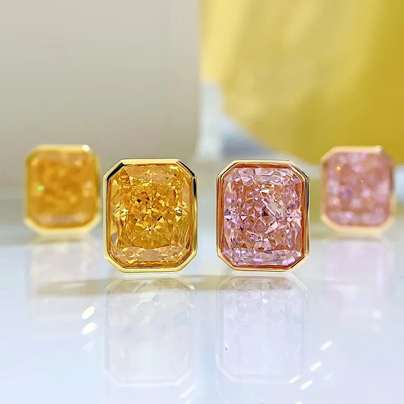 2024 new s925 pure silver rectangular pink diamond high carbon diamond 8 * 10 yellow diamond temperament earrings for women