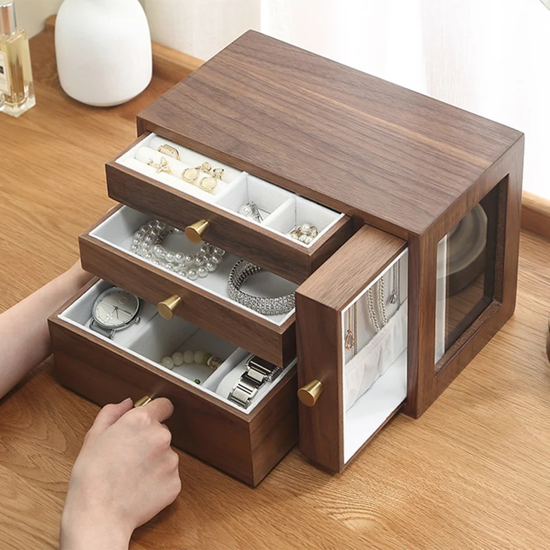 Black Walnut Wood Solid Wood Jewelry Case With Mirror Wooden Jewelry Storage Box