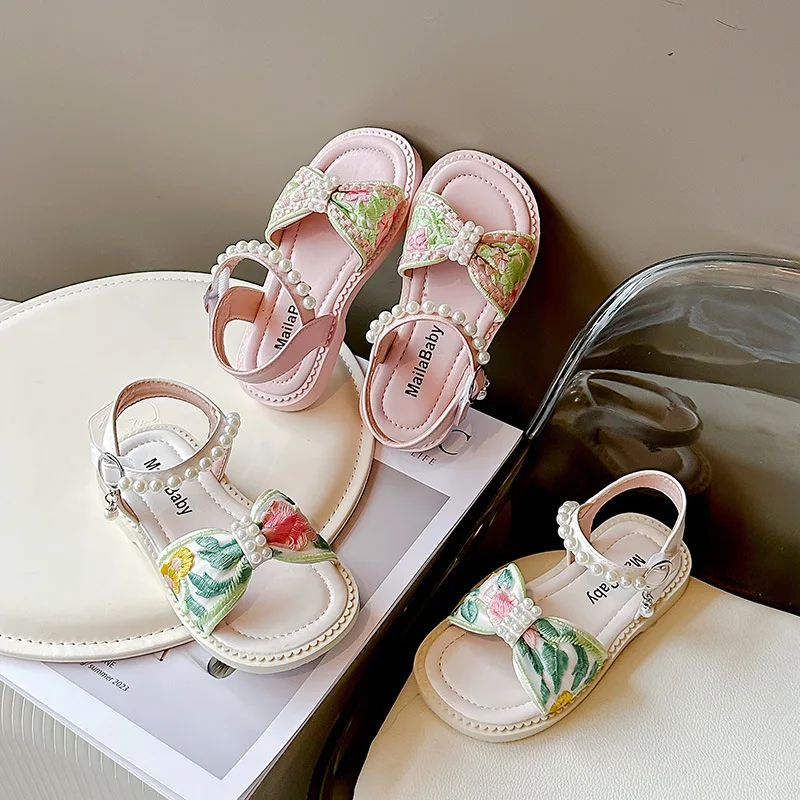 Girl Princess Embroider Sandals Summer Chinese Style Children Causal Flat Sandals Fashion Pearl Sweet Kid Dress Open-toe Sandals