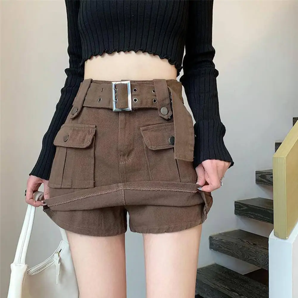 Women Skirt Korean Style High Waist Mini Skirt With Belt Big Pocket Cargo Skirt Shorts Conservative Anti-exposure Shorts Skirt