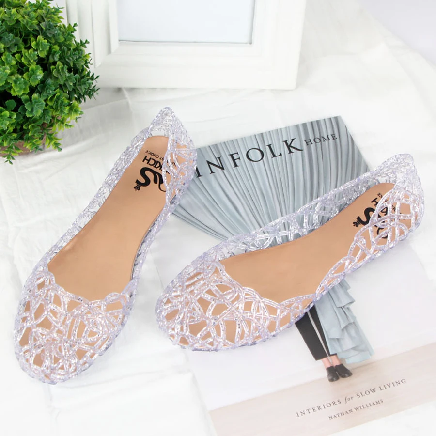 Summer women sandals flat-soled crystal clogs hollow flat-soled slip-ons shallow mouth Roman jelly shoes beach sandals